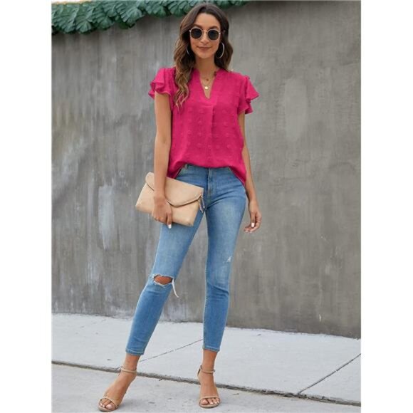 Womens White Blouse V Neck Ruffle Sleeve Flowy Shirts Dressy Casual Summer Tops - Picture 4 of 5